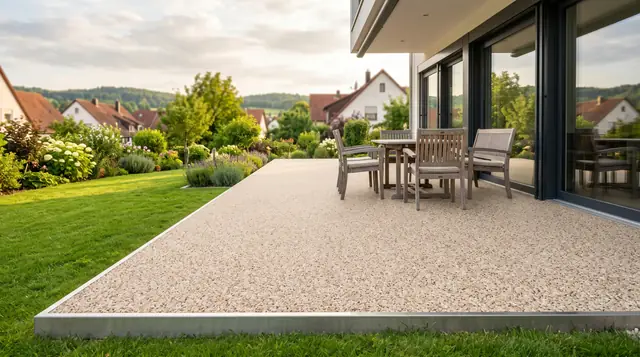 Terrasse vor einem Einfamilienhaus mit fugenlosem Steinteppich aus hellem Marmorkies und Edelstahl-Randprofil.